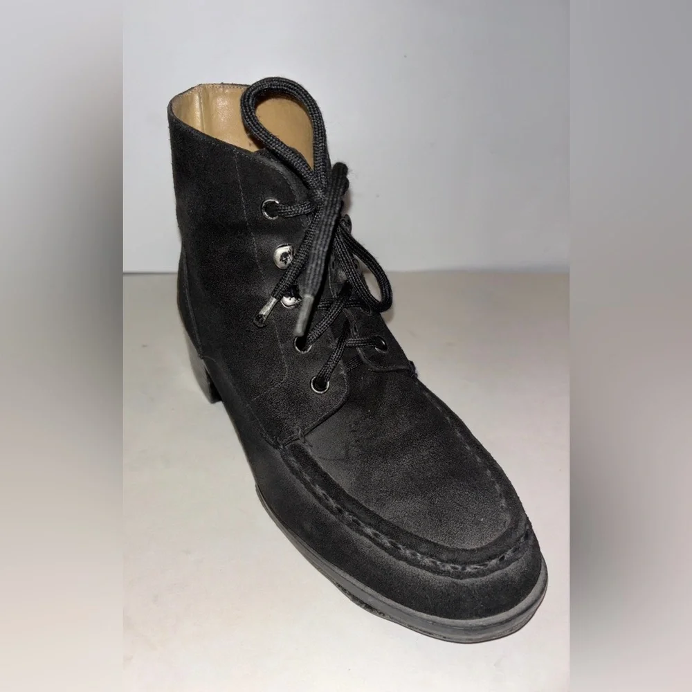 9 & Co Black Suede Lace-Up‎ Ankle Boots Women 7.5 Block Heel Moc Toe Outdoorwear
